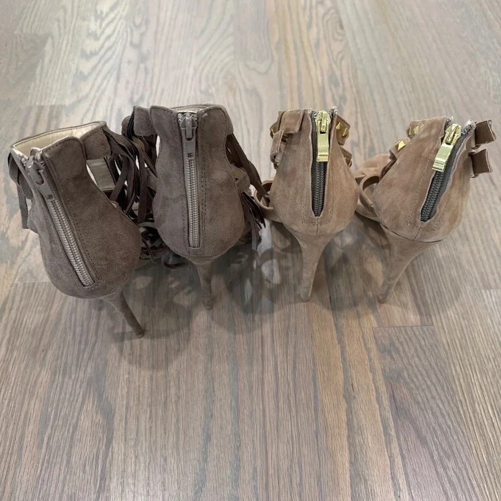 Ladies size 8.5 fringe open toe heels. 2 pair - taupe and beige